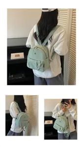 Casual minimalist women's light green canvas backpack, perfect for daily commute and travel details.