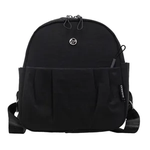 Minimalist women's black backpack, lightweight casual school bookbag with front pleated pocket.