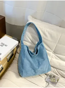 Sac porté épaule en suédine bleu clair, fourre-tout décontracté, idéal pour le travail.
