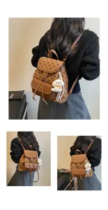 Detailed view of brown polka dot backpack with cute puppy charm, showing commuter style design.