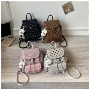 Stylish polka dot backpack casual leather school bag with cute puppy pendant in four colors.