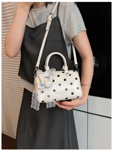 Women's white polka dot pillow shoulder bag with lace bow handle crossbody bag daily fashion