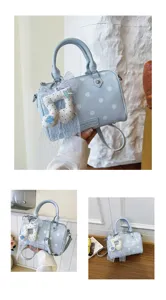Light blue polka dot barrel bag women stylish shoulder crossbody handbag with cute lace pendant