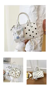 White polka dot barrel handbag with cute pendant fashion shoulder crossbody bag for women