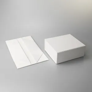 White foldable gift box detail view, premium collapsible magnetic box flat and assembled state.