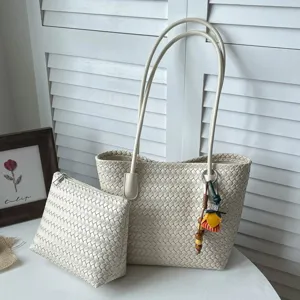 Dames Geweven PU Leer Tote Bag Grote Capaciteit Schoudertas Effen Kleur Okseltas Mode Pendelen Hobo Handtas Portemonnee