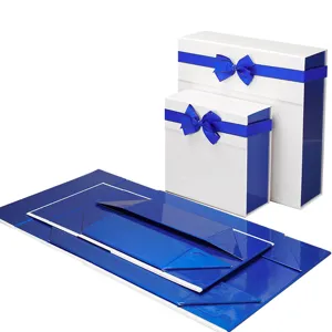 Boite cadeau pliante blanche avec ruban noeud bleu, coffret aimante de luxe pour presentation