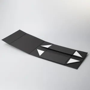 Collapsible black gift box detail showing premium matte cardboard folding structure clearly.