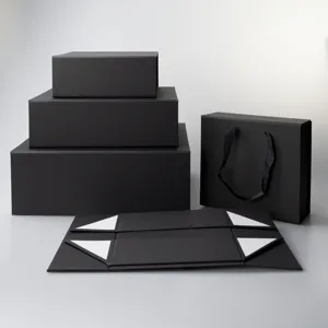 Black luxury gift boxes set foldable magnetic closure boxes for packaging presents and retail goods.