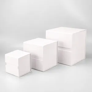 White square folding gift boxes in three sizes, premium rigid paper setup box set for packaging.