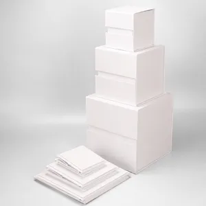 White foldable square gift box detail shot, showing stackable rigid box design and flat folding.