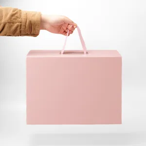 Pink gift box with ribbon handle portable storage box for shoes and presents packaging