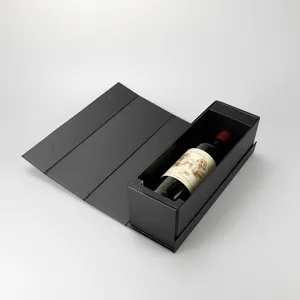 Boîte cadeau de vin pliable noire, emballage rigide de luxe pour bouteilles.