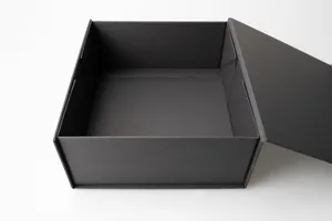 Detailed view of large black foldable gift box interior structure and clean magnetic flap.