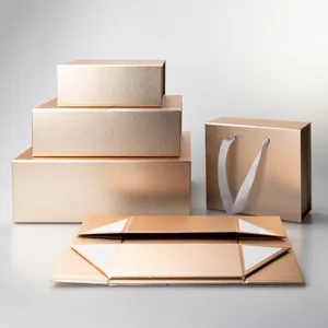 Elegant champagne gold foldable gift box set with ribbon handles for luxury packaging solutions.