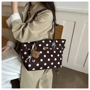 Borsa a tracolla vintage marrone a pois in camoscio con lucchetto, grande borsa elegante donna.