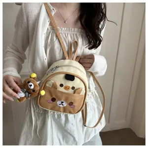 Close-up of cute cartoon bear mini PU leather backpack detail, featuring adorable embroidery.