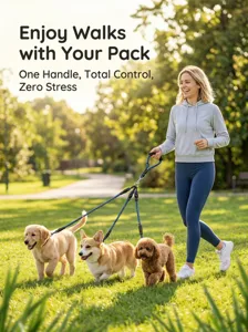 Multi-dog leash detail view showcasing convenient three-way anti-tangle control for pets.