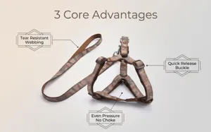 Camouflage pet harness and leash set detail with tear resistant webbing and quick release buckle.
