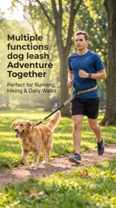 Hands-free running dog leash in park scene, showing flexible elastic design for outdoor hiking.