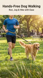 Hands-free dog leash detail showing waist belt and elastic bungee cord for running and hiking.