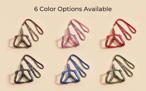Camouflage dog harness and leash set, adjustable pet walking strap in six vibrant colors.
