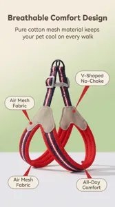 Close-up detail of breathable pet harness mesh fabric, V-shaped no-choke design for comfort.