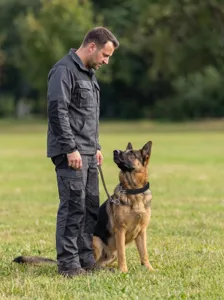 Outdoor scene detail showing a stainless steel dog training collar worn by a German shepherd.