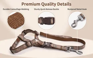 Brown camouflage dog harness and leash detail view with durable webbing and metal hook.