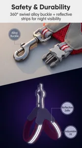 Pet harness detail showing swivel alloy buckle and night reflective safety strips.