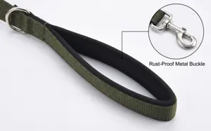 Detail view of durable army green dog leash with soft padded handle and metal clasp.