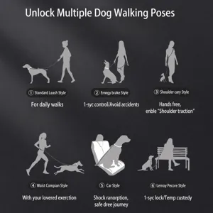 Multi-functional dog leash detail showing six walking styles, hands-free and car safe use.