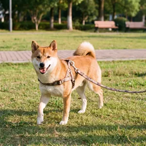 Outdoor park detail shot of a camouflage dog harness and matching leash on a cute pet dog.