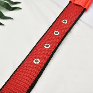 Red and black woven dog collar strap with metal eyelets, close-up main product image.