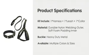 Detailed view of the durable nylon dog harness, leash, and collar set with soft foam padding.