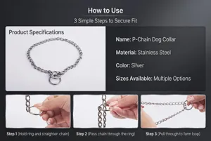 Stainless steel P-chain dog collar for training, durable metal pet choke chain silver