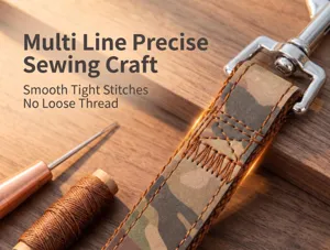 Detailed view of precision multi-line sewing craft on camouflage pet leash strap.