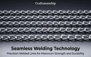 Stainless steel chain detail close up, precision welded links for maximum strength and durability.