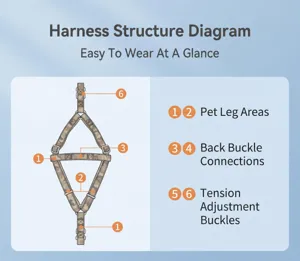 Detailed structure diagram of camouflage dog harness showing leg areas and adjustable buckles.