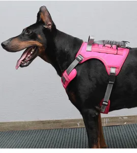 Tactical dog harness details showing durable pink chest strap designed for medium and large dogs safely.