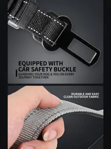 Multifunctional dog leash car safety belt with durable outdoor fabric and metal buckle.
