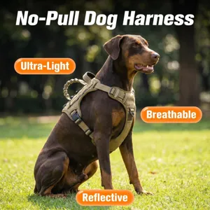 Tactical dog harness detail showing breathable mesh, ultra-light design, and reflective straps.