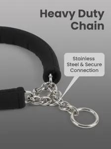 Heavy duty dog chain collar with stainless steel rings and soft padding for training pets safely.