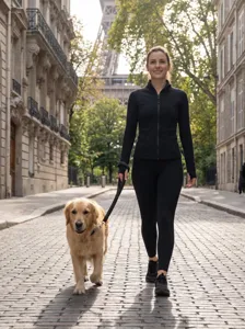 Outdoor dog walking scene showcasing durable pet leash and collar on street.