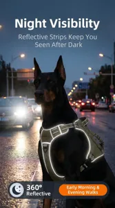 Tactical dog harness detail view, featuring bright reflective strips for night safety.