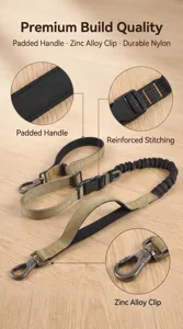 Detail view of the durable nylon dog leash featuring padded handle and zinc alloy clip.