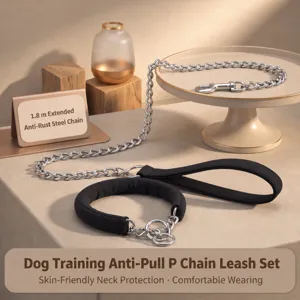 Stainless steel dog training P-chain leash set with comfortable padded handle 1.8m.