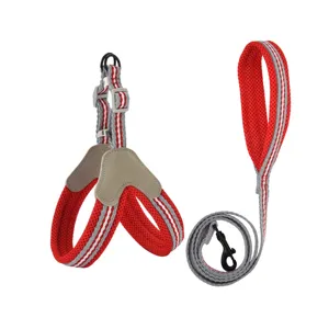 Breathable mesh dog harness and leash set, red and grey pet vest for walking pets.
