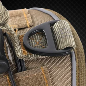 Tactical dog harness detail shot showing durable nylon webbing and metal d-ring for training pets.