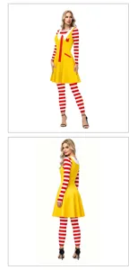 Detailed view of women Halloween clown cosplay costume featuring yellow dress and striped sleeves.